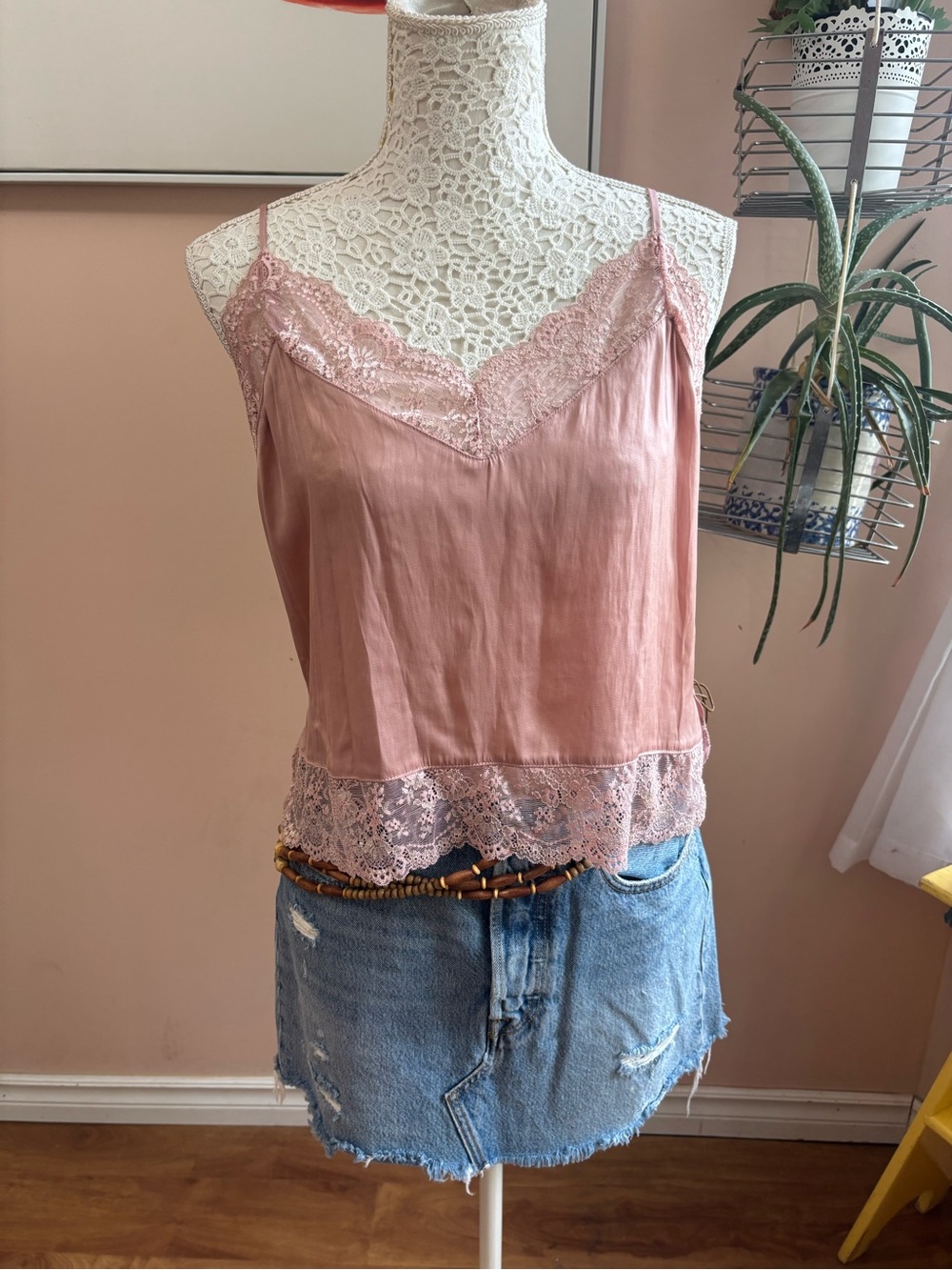 Lace-Trim Blush Pink Silk-Feel Cami